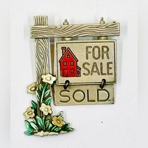JJ Jonette Silver Tone Realtors House 'For Sale / Sold' Articulated Sign Brooch